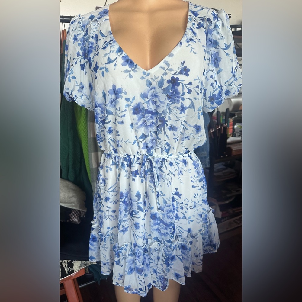 Crystal Doll Blue and White Flutter Sleeve Sundress